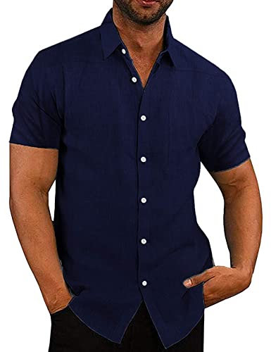 COOFANDY Mens Shirts Short Sleeve Holiday Shirts Summer Hawaiian Shirt Dress Shirt Linen Navy Blue XXL
