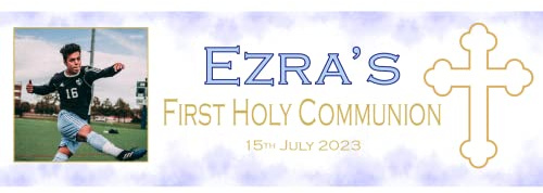 Personalised First Holy Communion Banner for Boys, Blue & Gold Welcome Sign with Photo Backdrop (Blue)