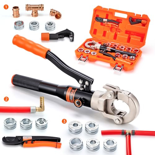 Purseter Kupferrohrverschraubungen, Hydraulikrohr-Crimpzange mit 1/2, 3/4 Zoll Schneideisen für Kupferrohre und F877 Edelstahl PEX Presshülsen, 3/8 Zoll, 1/2 Zoll, 5/8 Zoll, 3/4 Zoll, 1 Zoll