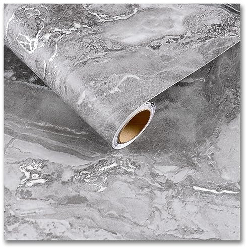 CRE8TIVE Silver Grey Marble Wallpaper 30cmx200cm Marble Effect Self Adhesive Vinyl Bathroom Contact Paper Waterproof Kitchen Worktop Covering Thick Wallpaper for Living Room Bedroom Furniture Stickers