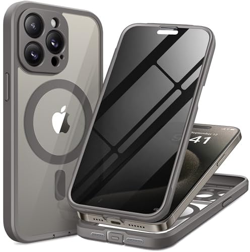 TIESZEN for iPhone 15 Pro Case, Compatible with MagSafe, Dark Gray | Built-in Privacy Screen Protector, Full Camera Protection，Full Body Dustproof Shockproof Hard Magnetic Phone Case 6.1