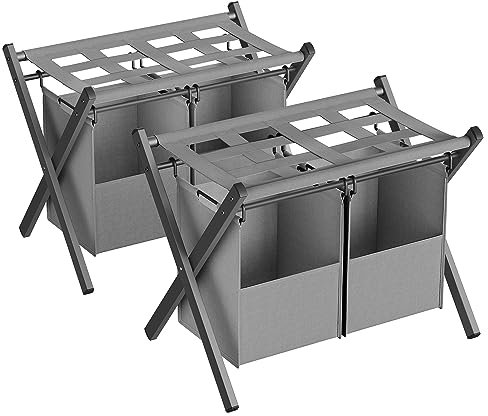 SONGMICS 2er-Pack Gepäckträger mit 2 abnehmbaren Wäschesäcken, Set mit 2 Kofferständern für Gästezimmer, faltbar für platzsparende Aufbewahrung, Stahlrahmen, Hotel, Schlafzimmer, Schiefergrau