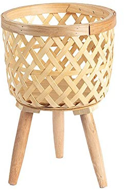 Plant Stand, Woven Rattan Plant Stand, Woven Flower Pot on Wooden Standing Legs, Handwoven Basket Flower Plant Holder Rattan Plant Stand, Rustic Indoor Rattan Basket Flower Pot Plant Stand