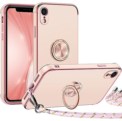 Miss Arts für iPhone XR Hülle mit Band, Ring Ständer Handykette Handyhülle Frauen Mädchen Dünn Stoßfeste Schutzhülle für iPhone XR Case Rosa