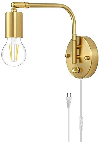 EOEO E27 Wandlampe Dimmbar mit Schalter und Stecker, Verstellbare Gold Metall Wandleuchte Bettlampe Wand-Leselampe mit Kabel, Innen Retro Industrial Lampe für Wohnzimmer, Schlafzimmer, Büro,1pack