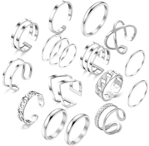 PINCHUAN 15/17 PCS Silver Knuckle Rings for Women Stainless Steel Rings Set Silver Stackable Rings Midi Ring Knuckle Rings Adjustable Knuckle Stackable Rings Midi Ring Set Silver Rings for Women Set,