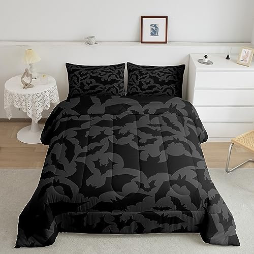 Castle Fairy Bettwäsche-Set mit Halloween-Thema, Queen-Size-Größe, schwarze Fledermäuse, Tierdruck, Bettwäsche-Set für Frauen und Erwachsene, dunkelgrau, Luxus-Bettdecke, 2 Kissenbezüge