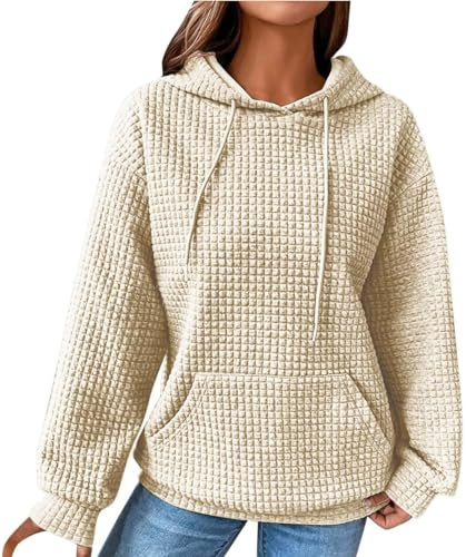 ABYOVRT Sweat à Capuche Femme Épais Hoodie 2025 Hiver Pull à Gaufre avec Poche élégant Sweat-Shirt Streetwear Manteau Sport Chemisier Fille Blouse,Abricot,XXL