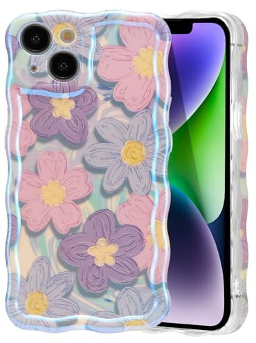 EYZUTAK Case for iPhone 15, Colorful Retro Oil Painting Flower Laser Glossy Design Cute Curly Waves Edge Exquisite Phone Cover Stylish Durable TPU Protective Case for Girls Women - Pink Purple