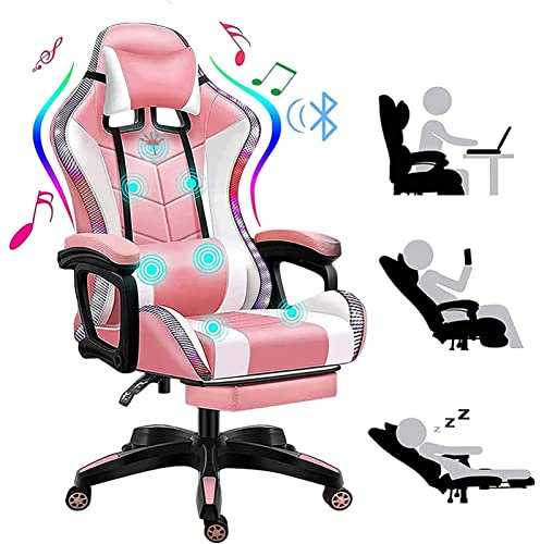 Chaise de jeu avec massage et haut-parleurs, Chaise de course de soutien lombaire Chaise de bureau ergonomique avec repose-pieds RGB LED Lumière réglable PC Gaming Chair,Rose