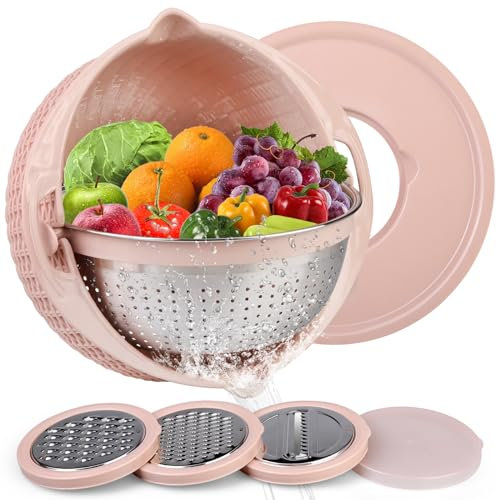 Yilingchild Multifunktion Küchensieb Set, 4 in 1 faltbar nudelsieb edelstahl sieb küche,Abtropfsieb mit Rührschüssel pink,durchschlag sieb