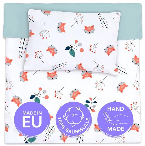 Bettwäsche 90x120 Kinder Baumwolle – Kinderbettwäsche Baby Jungen Mädchen Bettwäsche-Sets Bettbezug 90 x 120 cm Kissenbezug 40x60 Fuchs mit Salbei