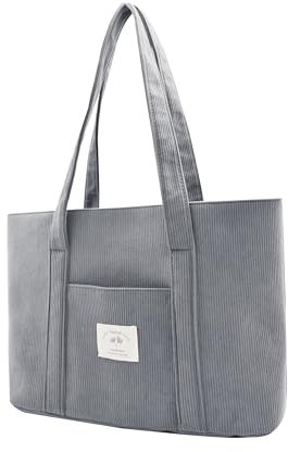 Damen Kord Groß Handtasche Tote Bag Shopper mit Reißverschluss für Bücher Reisen Alltag Schule Arbeit Einkauf Grau