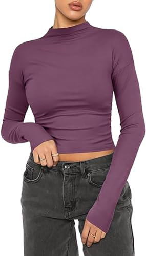 Women's Casual Crop Tops Cotton Slim Fit Top Mock Turtle Long Sleeve T-Shirt Basic Blouse Tee Tops(Dark Purple-g,S)