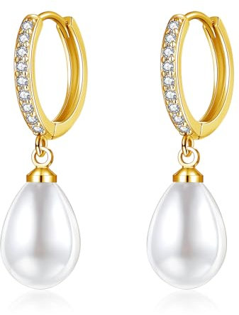 Hasnsofie Creolen mit Anhänger, Gold Ohrringe 925 Silber für Mädchen, Damen Creolen Ohrhänger Silber, Perle Hängend Creolen für Mehrere Ohrlöcher, Hypoallergen Silber 925 Ohrringe mit Cubic Zirkonia