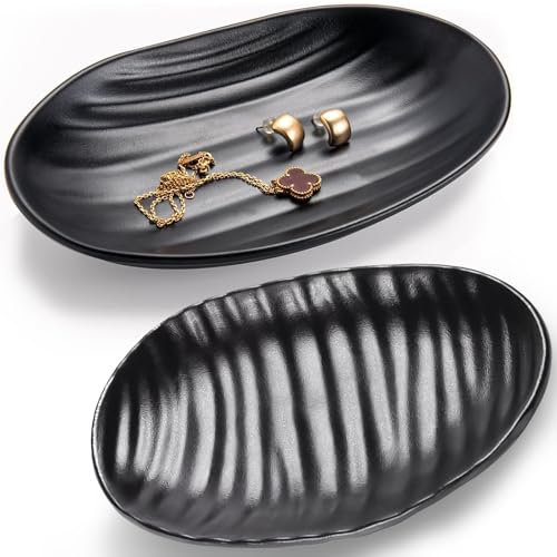 YOUNGSAY 2 Pezzi Vassoio Ovale Nero, Elegante Portaoggetti, Opaco Per Riporre Chiavi/Gioielli/Bracciali (2 Stili)