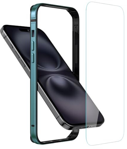 Metall Bumper Case für iPhone 16, Aluminium Rahmen Slim Case [weicher innerer Bumper] [erhöhter Randschutz] HD gehärtetes Glas Displayschutzfolie für iPhone 16 6.1 Zoll, grün