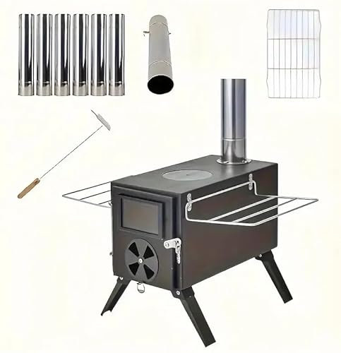 Tent Stove Wood Burning Stove, Folding Carbon Steel Firewood Stove Portable Camping Tent Cookware with Chimney Pipes Tent Wood Camp Heater for Tent Camping Cookware for Heating Lodging Cooking