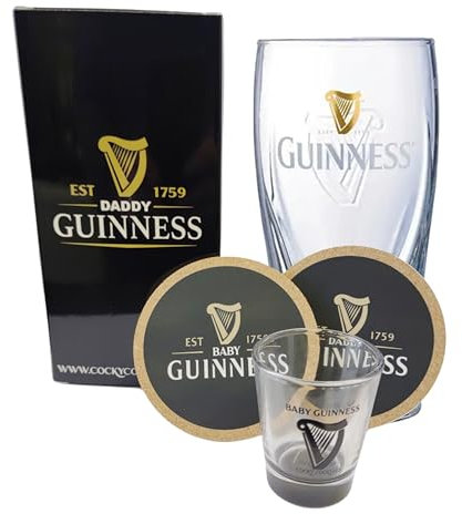 The Spice Specialist Daddy Guinness and Baby Guinness Glass Set, Pint and Shot Glass wih Cork Coasters, Bar Gift Pack