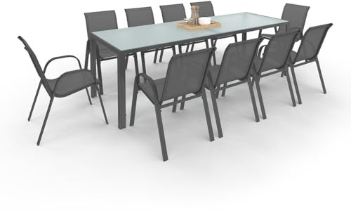 IDMarket - Salon de Jardin Madrid Table 240 cm et 10 chaises empilables gris Anthracite Plateau Clair