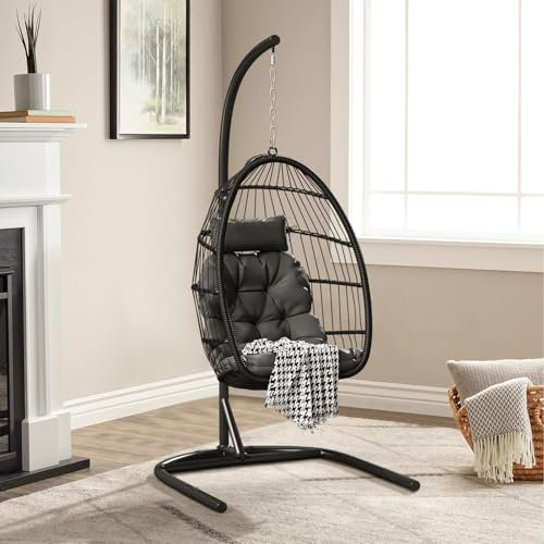 Warmiehomy Egg Chair Hanging Chair with Stand Garden Foldable Swing Chair with Cushion Rattan Hanging Egg Chairs for Indoor Outdoor Hammock Chair with Frame for Patio, Balcony