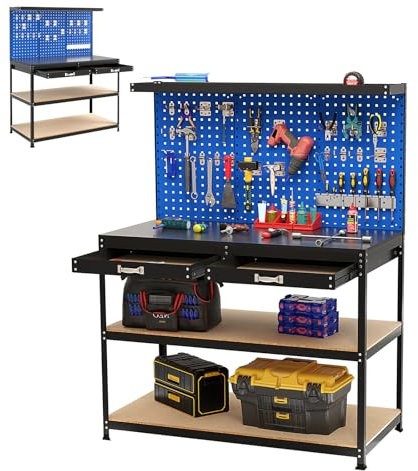 SOARS Werkbank mit Lochwänden, Werkzeugbank Metall mit 3 offenen Regalen & Zubehörteilen zum Aufhängen für Garage, Werkstatt (Blau, 121 x 61 x 156 cm)