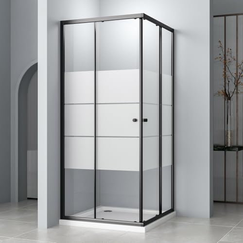 Hopibath Duschkabine 90x90cm Duschkabine Schiebetür, Milchglas Eckeinstieg Schwarz Duschkabine Duschabtrennung 6mm ESG Milchglas Streifen Duschwand Höhe 185cm(Ohne Duschwanne)