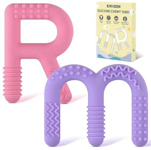 R&M Silicone Chew Sticks for Kids, Oral Motor Chew Tool for Autism, ADHD, Biting Needs, Alphabet Chewlery Boys&Girls (Pink Purple)
