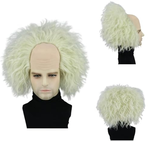CGVG Herren Halbglatze Perücke Kurze Lockige Grüne Cosplay Perücke Verrückter Professor Wissenschaftler Cosplay Zubehör für Halloween Karneval Cosplay Kostüm