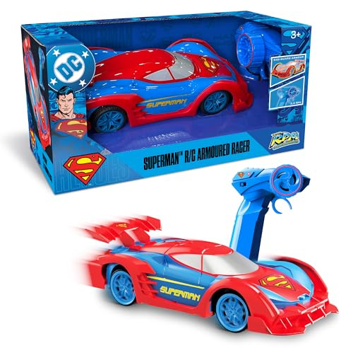 Superman RC Car Armoured Racer – Remote Control Car with LED Lights, 1:20 | Up to 15 km/h, exo-skeleton bumpers, rubber tyres, ages 3+, official DC licence, boys toy, by Bladez RPM