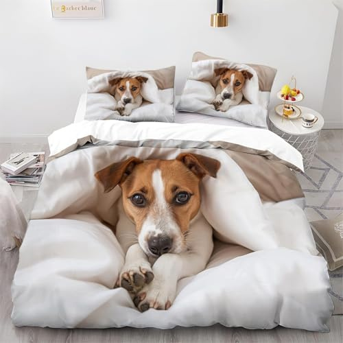 Pechiwuo Bettwäsche 135 x 200 cm Jack Russell Terrier 3D Bettwäsche-Sets Welpe Bettbezug Set Winter Weiche Mikrofaser Bettbezug 135x200 cm + 2 Kissenbezug 80x80 cm U272