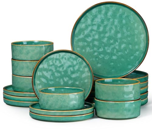Herogo 18 Pcs Stoneware Dinnerware Dinner Set for 6 People, Emerald Green | Reactive Glaze Plates and Bowls for Home Dining, Microwave and Dishwasher Safe, Chip and Scratch Resistant, Ripple Surface