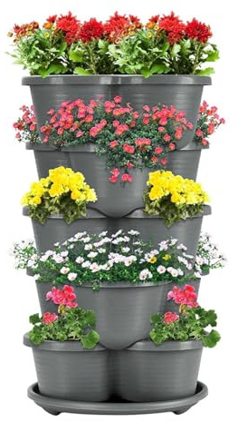 Fioriera Per Fragole - Fioriera Verticale Impilabile A 5 Livelli | Vasi Da Fiori Impilabili Da Giardino Con Foro Di Drenaggio E Ruote | Vasi Da Giardinaggio All'aperto Per Fiori, Fragole (Grigio)