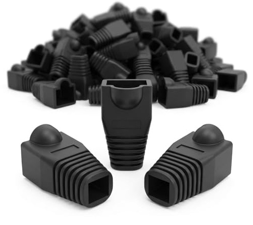 LUCTHY RJ45 Cable Plug Protector Boots for CAT5 CAT6, 100 Pack, Soft PVC | 100 black ethernet cable connector protective cover for CAT5 CAT5e CAT6 CAT6e. RJ45 network wire LAN strain boots