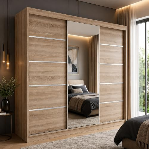 Modern Linden Sliding Door Wardrobe – freestanding bedroom armoire with heavy-duty hanging rails & adjustable shelves. Space-saving clothes organizer. Available in 5 Sizes & 4 colors (Oak, 250cm)