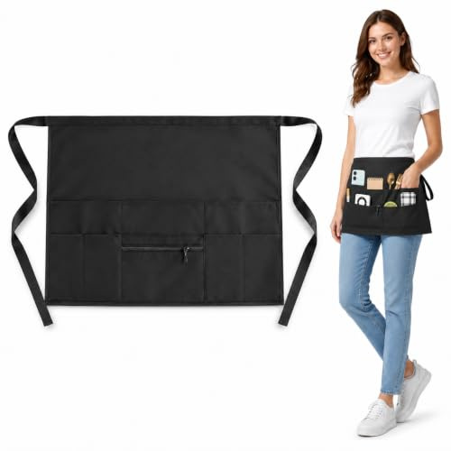 FEITONGFX Black Waist Apron with 8 Pockets Tabard for Women Men | Adjustable Waistband Cotton Cleaning Apron for Chef Waiter Cooking Baking Serving