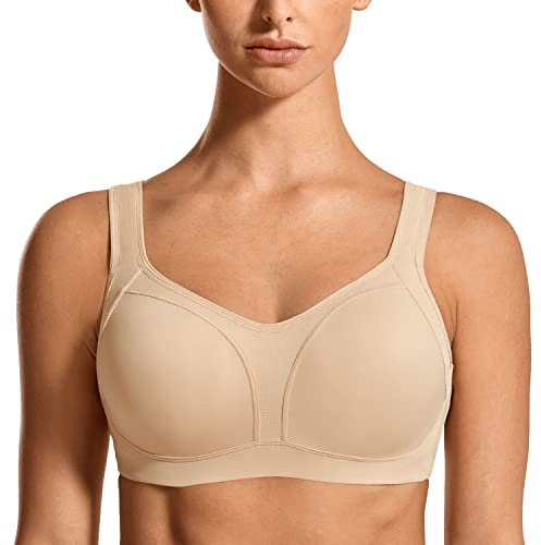 SYROKAN Damen Sport BH Große Brüste Starker Halt Bügel BH Gepolstert für Fitness Lauf Joggen Yoga Beige 85G