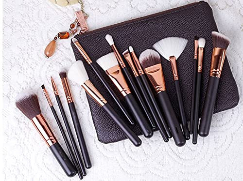 Lot de 15 pinceaux de maquillage professionnels en or rose avec poils naturels et sac de qualité supérieure