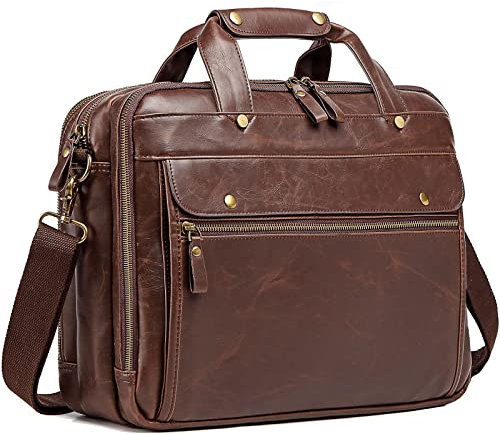 Maletines de cuero para hombre, bolsa de computadora portátil, bolsa de mensajero impermeable retro de negocios para hombres grande de 15.6 pulgadas, perfecto para uso diario/Navidad (marrón)