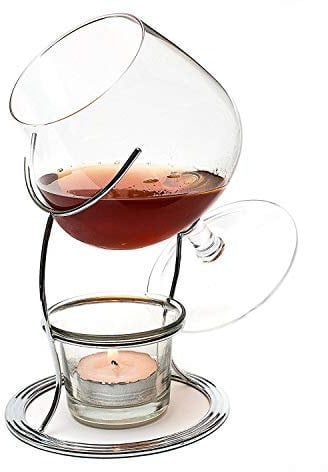 Bar Amigos Brandy & Cognac Snifter Warmer Glass and Stand Gift Set with Tea Light Candle & Copper Holder - Premium Drinking Set (Silver)