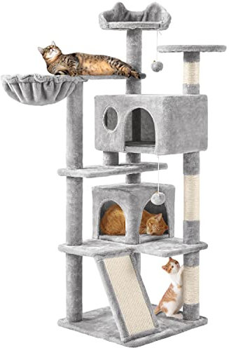 Yaheetech Cat Tree, 144.5cm Multi-level Cats Climbing Tower w/Sisal Scratching Posts/2 Condos＆Dangling Balls,Kitten Activity Centre Pet Play House, Light Grey