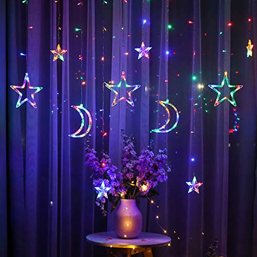 Herefun Stern Mond LED Lichterketten, 3.5m Weihnachtsbeleuchtung Innen, Stern Mond Lichtervorhang Lichterkette LED Fenstervorhang Lichter Sternenvorhang Dekorative Lampe für Party, Weihnachtstag