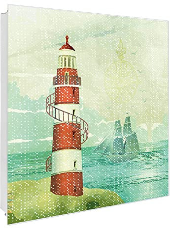 banjado® Großer Schlüsselkasten Glas/Schlüsselbox 30cm x 30cm mit 50 Haken - Motiv Alter Leuchtturm/Schlüsselkasten modern für Schlüsselaufbewahrung mit beschreibbarer, magnetischer Glastür