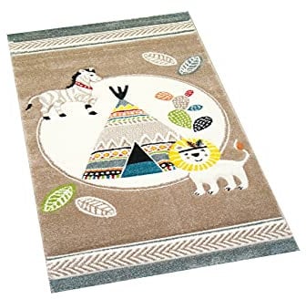 CARPETIA Spielteppich Kinderzimmer Löwe Indianer Zelt Kaktus Zebra Creme beige blau braun Größe 80x150 cm