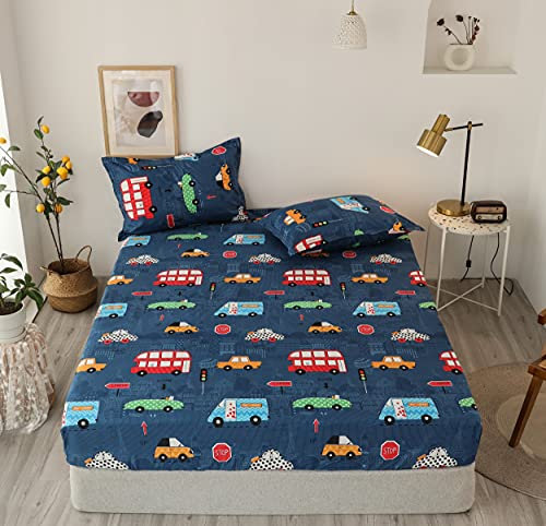 Damier Kinder Spannbettlaken 140x200cm Cartoon Auto Cars Muster Spannbetttuch Weiche Microfaser Kids Jungen Bettlaken geeignet für Matratzen bis 30cm