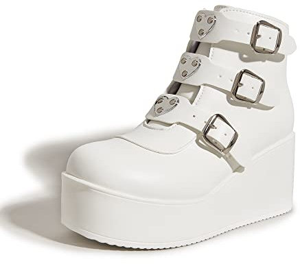 LUCKY STEP Damen-Plateau-Stiefeletten mit klobiger Sohle – Runde Zehenpartie Reißverschluss Keilabsatz Rave-Schnalle Dicke Sohle Goth-Stiefel (Weiß, 6US-37EU-4UK)