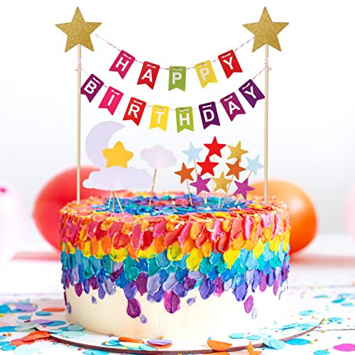 Dacitiery 17 Stück Geburtstag Wimpelkette Tortendeko, Happy Birthday Tortendeko Banner + Glänzend Sterne Cake Topper für Kinder Party Deko