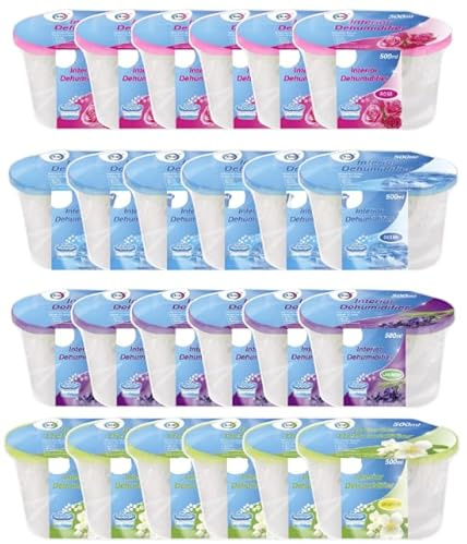 Glamza x24 Jumbo 500ml Disposable Dehumidifiers Absorbs Damp, Moisture & Condensation Fast Effectively (Scented x 6 of each Scent Jasmine, Lavender, Rose and Ocean)