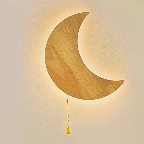 LED Holz Wandleuchte mit Schalter 12W Mond Wandlampe Kinderzimmer Dimmbar 3 Lichtfarben Nachttischlampe Holz Mond Nachtlicht LED Wandbeleuchtung Innen Kinderlampe für Junge Mädchen Schlafzimmer Studie