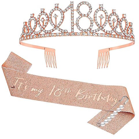 JurciCat 18. Geburtstag mädchen Schärpe und Tiara Rose Gold Krone 18 Geburtstag Geschenke für Birthday Girl Party Deko Decoration